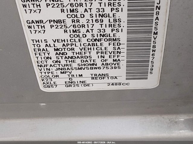 46143982 :رقم المزاد ، JN8AS5MV5BW675395 vin ، 2011 Nissan Rogue Sv مزاد بيع