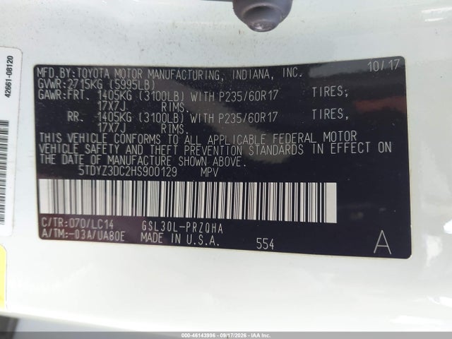 Aukcja sprzedaży 2017 Toyota Sienna Xle 8 Passenger, vin: 5TDYZ3DC2HS900129, numer aukcji: 46143996