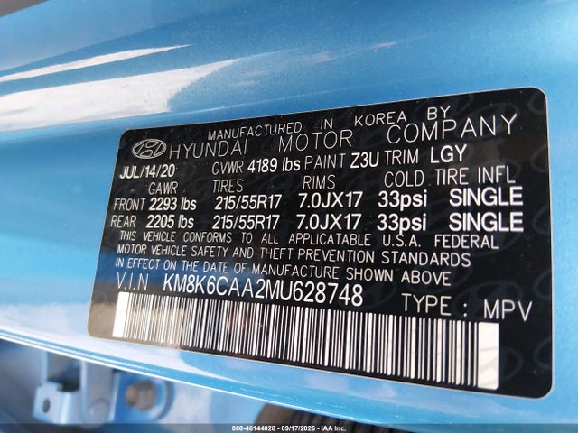 Aukcja sprzedaży 2021 Hyundai Kona Sel Plus, vin: KM8K6CAA2MU628748, numer aukcji: 46144028