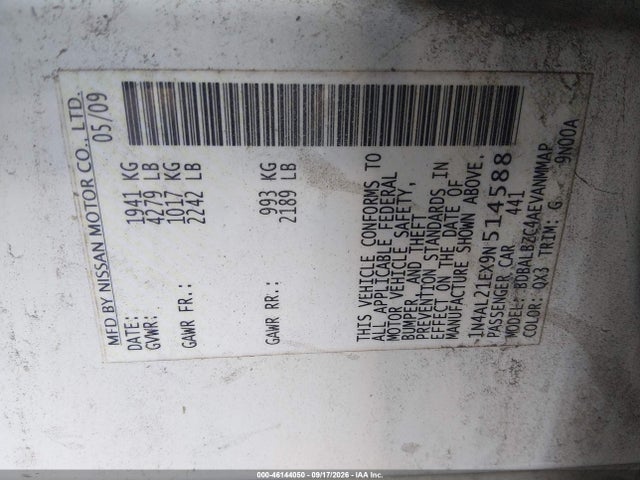 2009 Nissan Altima 2.5 S მანქანა იყიდება აუქციონზე, vin: 1N4AL21EX9N514588, აუქციონის ნომერი: 46144050