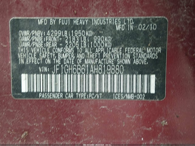 2010 Subaru Impreza 2.5i Premium მანქანა იყიდება აუქციონზე, vin: JF1GH6B61AH819880, აუქციონის ნომერი: 46144063