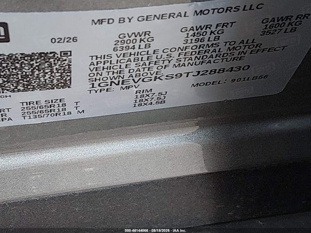 2026 Chevrolet Traverse Awd Lt მანქანა იყიდება აუქციონზე, vin: 1GNEVGKS9TJ288430, აუქციონის ნომერი: 46144066