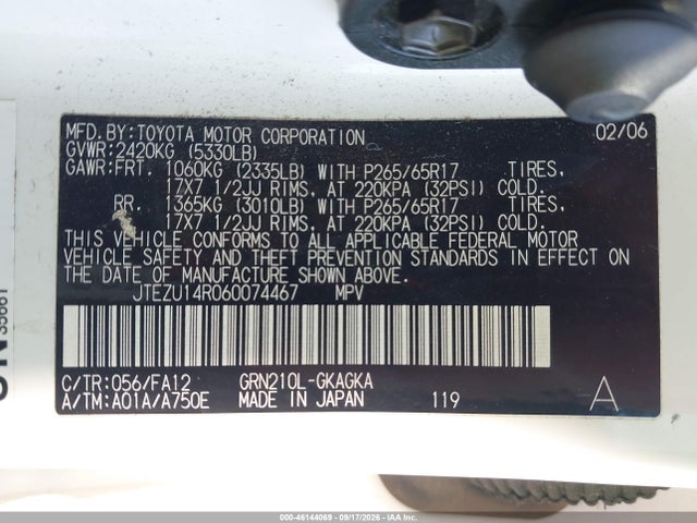 2006 Toyota 4runner Sr5 V6 მანქანა იყიდება აუქციონზე, vin: JTEZU14R060074467, აუქციონის ნომერი: 46144069