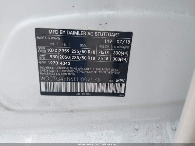 46144083 :رقم المزاد ، WDCTG4EB6KU002576 vin ، 2019 Mercedes-benz Gla 250 مزاد بيع