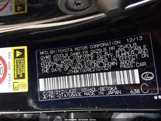 46144084 :رقم المزاد ، JTHBK1GG9E2107327 vin ، 2014 Lexus Es 350 مزاد بيع