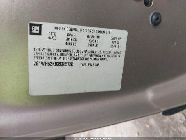 Aukcja sprzedaży 2003 Chevrolet Impala Ls, vin: 2G1WH52K039385738, numer aukcji: 46144098