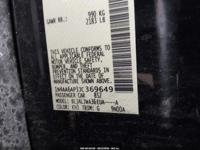 2018 Nissan Maxima 3.5 Sv მანქანა იყიდება აუქციონზე, vin: 1N4AA6AP3JC369649, აუქციონის ნომერი: 46144100