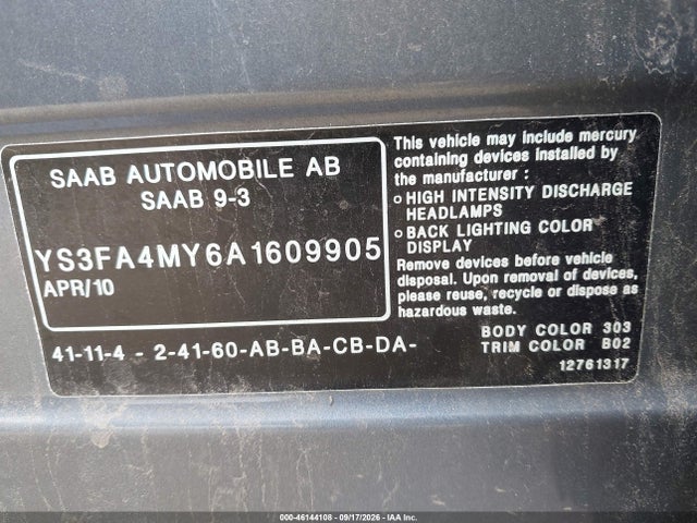 46144108 :رقم المزاد ، YS3FA4MY6A1609905 vin ، 2010 Saab 9-3 مزاد بيع