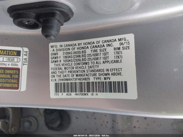 46144118 :رقم المزاد ، 2HKRM4H73FH654829 vin ، 2015 Honda Cr-v Ex-l مزاد بيع