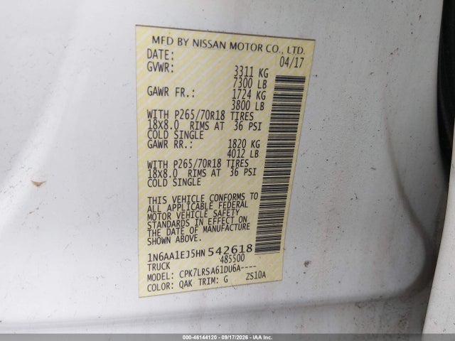 2017 Nissan Titan S მანქანა იყიდება აუქციონზე, vin: 1N6AA1EJ5HN542618, აუქციონის ნომერი: 46144120