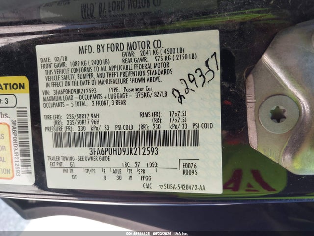 Ford FUSION SE 2018 3FA6P0HD9JR212593 Image 9