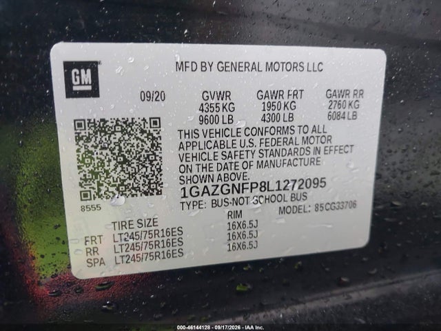 2020 Chevrolet Express Passenger Rwd 3500 Extended Wheelbase Ls მანქანა იყიდება აუქციონზე, vin: 1GAZGNFP8L1272095, აუქციონის ნომერი: 46144128