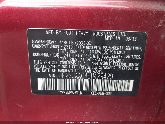 Aukcja sprzedaży 2014 Subaru Forester 2.5i, vin: JF2SJAAC4EH429429, numer aukcji: 46144133