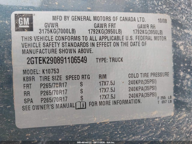 Продаж на аукціоні авто 2009 Gmc Sierra 1500 Sle, vin: 2GTEK290891106549, номер лоту: 46144137
