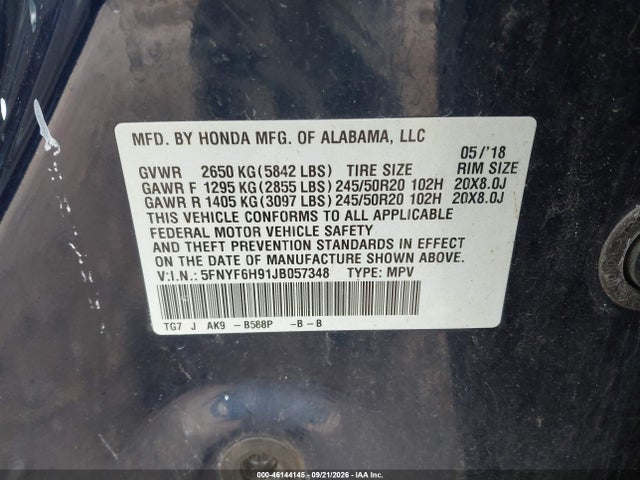 2018 Honda Pilot Touring მანქანა იყიდება აუქციონზე, vin: 5FNYF6H91JB057348, აუქციონის ნომერი: 46144145