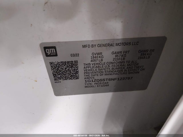 46144158 :رقم المزاد ، 1G1ZD5ST6NF123797 vin ، 2022 Chevrolet Malibu Fwd Lt مزاد بيع