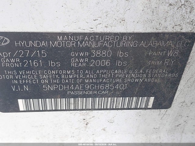 2016 Hyundai Elantra Value Edition მანქანა იყიდება აუქციონზე, vin: 5NPDH4AE9GH685401, აუქციონის ნომერი: 46144160