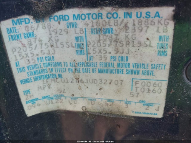 1988 Ford Bronco Ii მანქანა იყიდება აუქციონზე, vin: 1FMCU12T6JUD32707, აუქციონის ნომერი: 46144193