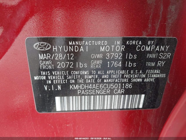 2012 Hyundai Elantra Limited (ulsan Plant) მანქანა იყიდება აუქციონზე, vin: KMHDH4AE6CU501186, აუქციონის ნომერი: 46144203
