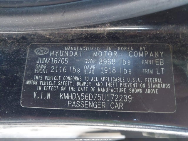 Aukcja sprzedaży 2005 Hyundai Elantra Gls/gt, vin: KMHDN56D75U172239, numer aukcji: 46144206