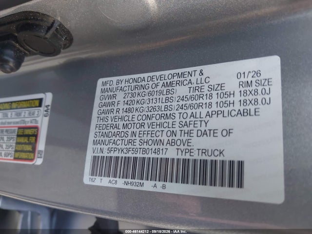 2026 Honda Ridgeline Rtl მანქანა იყიდება აუქციონზე, vin: 5FPYK3F59TB014817, აუქციონის ნომერი: 46144212