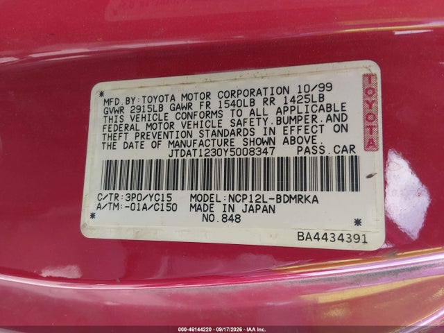 Auction sale of the 2000 Toyota Echo, vin: JTDAT1230Y5008347, lot number: 46144220
