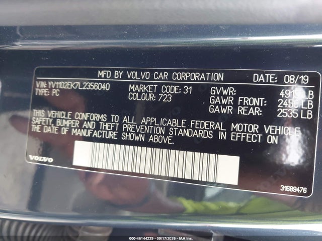 46144229 :رقم المزاد ، YV1102EK7L2356040 vin ، 2020 Volvo V60 T5 Momentum مزاد بيع