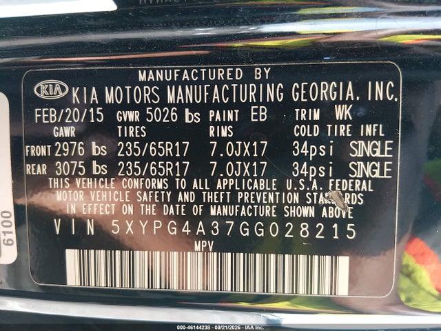 Продаж на аукціоні авто 2016 Kia Sorento 2.4l L, vin: 5XYPG4A37GG028215, номер лоту: 46144238