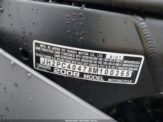 Aukcja sprzedaży 2008 Honda Cbr600 Rr, vin: JH2PC40478M100365, numer aukcji: 46144246
