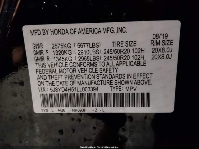 Продаж на аукціоні авто 2020 Acura Mdx Technology Package, vin: 5J8YD4H51LL003394, номер лоту: 46144249