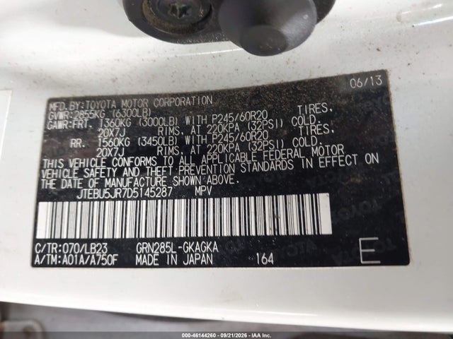 2013 Toyota 4runner Limited მანქანა იყიდება აუქციონზე, vin: JTEBU5JR7D5145287, აუქციონის ნომერი: 46144260