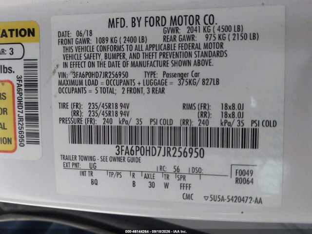 Продаж на аукціоні авто 2018 Ford Fusion Se, vin: 3FA6P0HD7JR256950, номер лоту: 46144264
