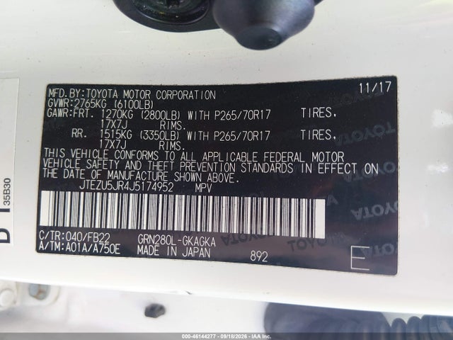 2018 Toyota 4runner Sr5 მანქანა იყიდება აუქციონზე, vin: JTEZU5JR4J5174952, აუქციონის ნომერი: 46144277