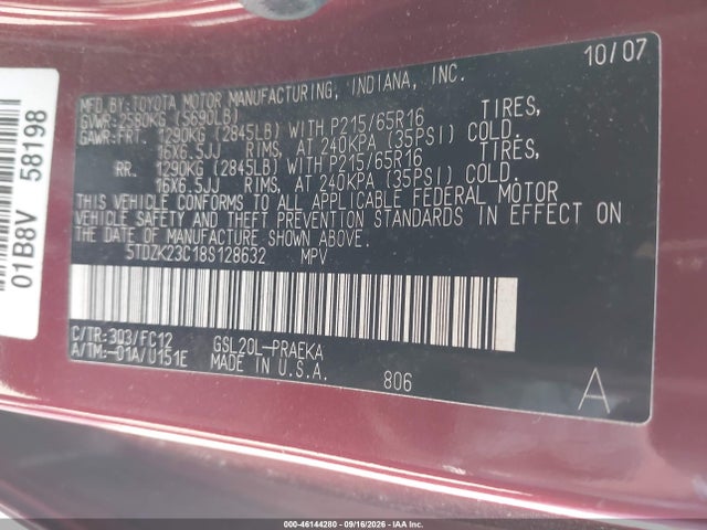 46144280 :رقم المزاد ، 5TDZK23C18S128632 vin ، 2008 Toyota Sienna Le مزاد بيع