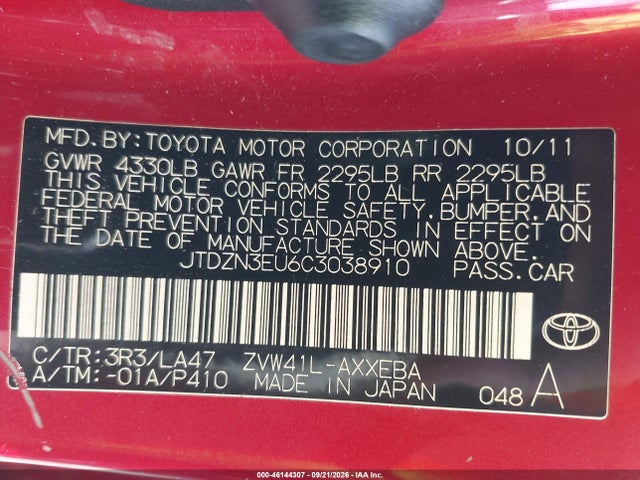 46144307 :رقم المزاد ، JTDZN3EU6C3038910 vin ، 2012 Toyota Prius V Five مزاد بيع