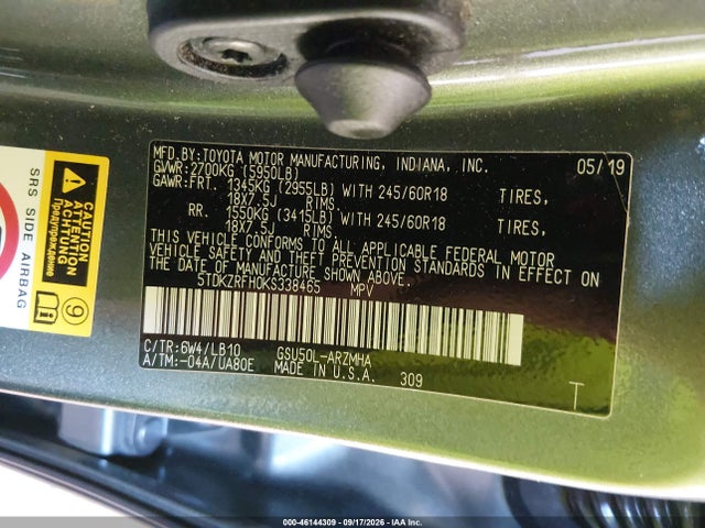 Продаж на аукціоні авто 2019 Toyota Highlander Xle, vin: 5TDKZRFH0KS338465, номер лоту: 46144309
