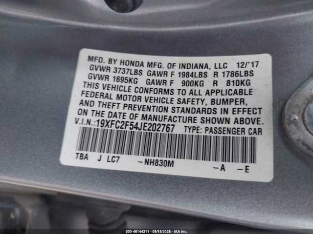 Продажа на аукционе авто 2018 Honda Civic Lx, vin: 19XFC2F54JE202767, номер лота: 46144311