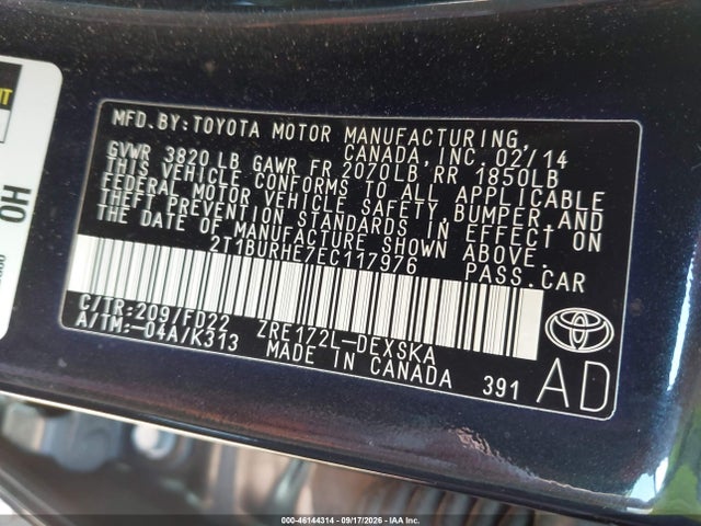 Aukcja sprzedaży 2014 Toyota Corolla S Plus, vin: 2T1BURHE7EC117976, numer aukcji: 46144314