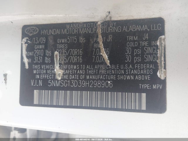 46144316 :رقم المزاد ، 5NMSG13D39H298906 vin ، 2009 Hyundai Santa Fe Gls مزاد بيع