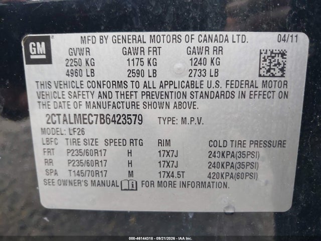 46144318 :رقم المزاد ، 2CTALMEC7B6423579 vin ، 2011 Gmc Terrain Sle-1 مزاد بيع