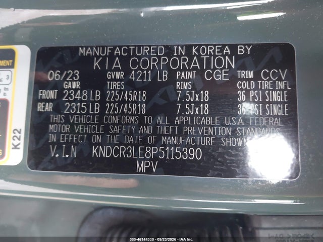 46144330 :رقم المزاد ، KNDCR3LE8P5115390 vin ، 2023 Kia Niro Ex Touring مزاد بيع