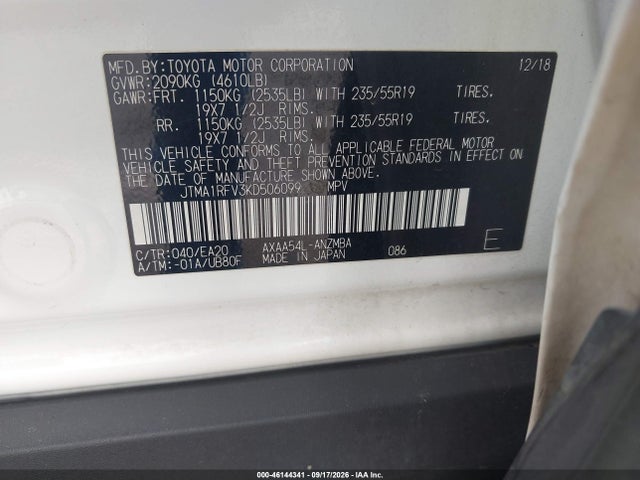 46144341 :رقم المزاد ، JTMA1RFV3KD506099 vin ، 2019 Toyota Rav4 Xle Premium مزاد بيع
