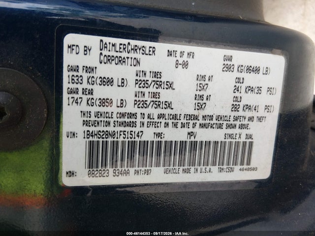 46144353 :رقم المزاد ، 1B4HS28N01F515147 vin ، 2001 Dodge Durango مزاد بيع