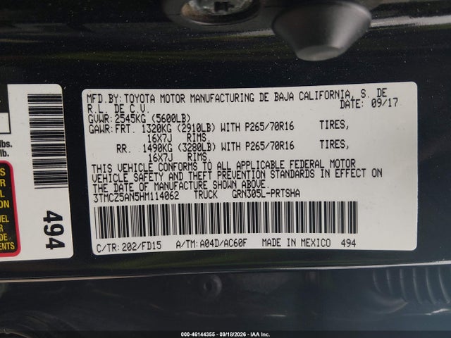 2017 Toyota Tacoma Trd Off Road მანქანა იყიდება აუქციონზე, vin: 3TMCZ5AN5HM114062, აუქციონის ნომერი: 46144355