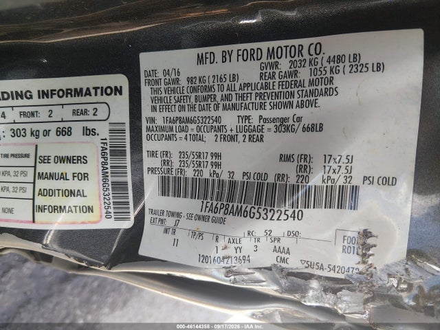 46144358 :رقم المزاد ، 1FA6P8AM6G5322540 vin ، 2016 Ford Mustang V6 مزاد بيع