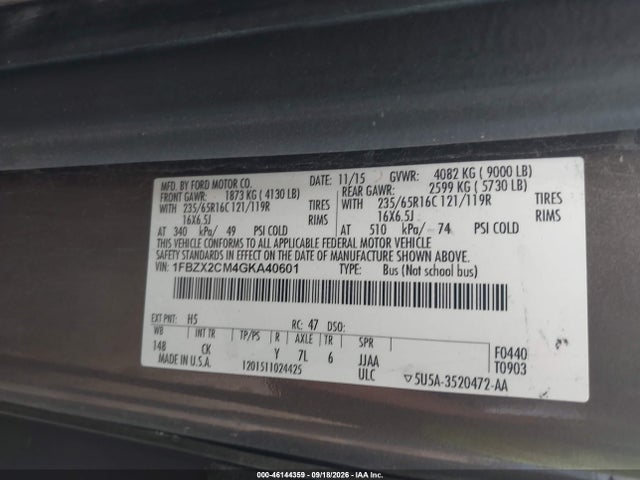 Продажа на аукционе авто 2016 Ford Transit-350 Xlt, vin: 1FBZX2CM4GKA40601, номер лота: 46144359