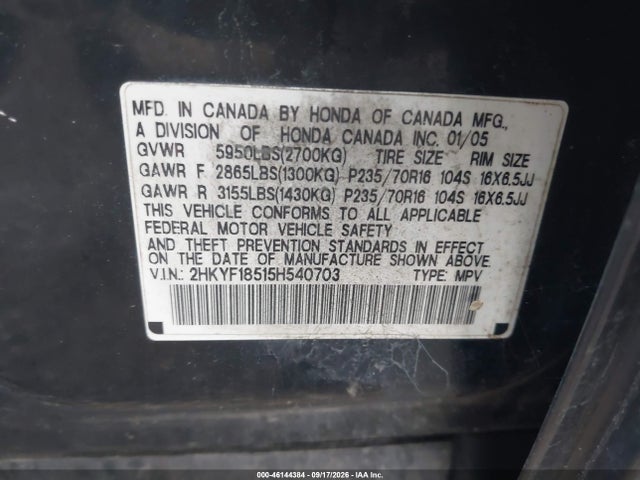 46144384 :رقم المزاد ، 2HKYF18515H540703 vin ، 2005 Honda Pilot Ex-l مزاد بيع