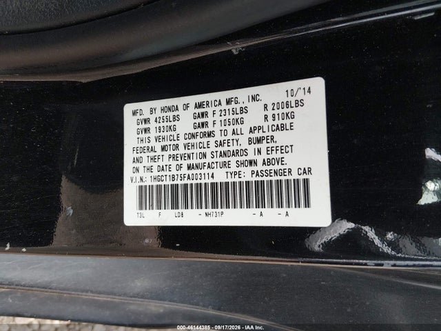 Aukcja sprzedaży 2015 Honda Accord Ex, vin: 1HGCT1B75FA003114, numer aukcji: 46144385