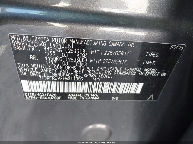 Продаж на аукціоні авто 2015 Toyota Rav4 Xle, vin: 2T3RFREV7FW341396, номер лоту: 46144393