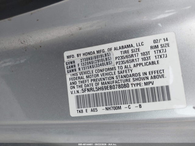 Aukcja sprzedaży 2014 Honda Odyssey Ex-l, vin: 5FNRL5H69EB078080, numer aukcji: 46144401